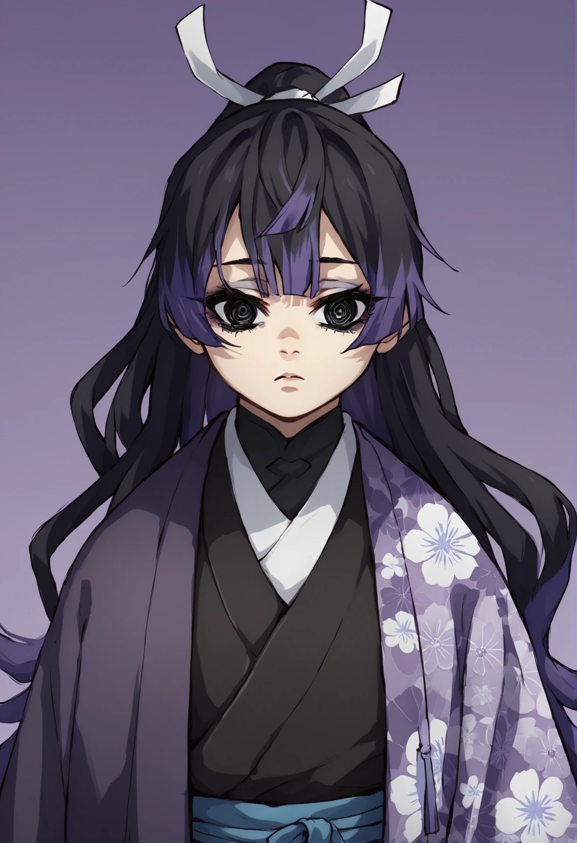 (score_9, score_8_up), score_7_up, zPDXL, FoxDemon, 1girl, black hair, two-tone hair, ponytail, black eyes, purple mantle, oversized clothes, floral print, layered clothes, black kimono, purple background, looking at viewer, expressionless, sleeves past fingers <lora:Fox_Demon_Girl_XL_Pony_SingleShot:1>