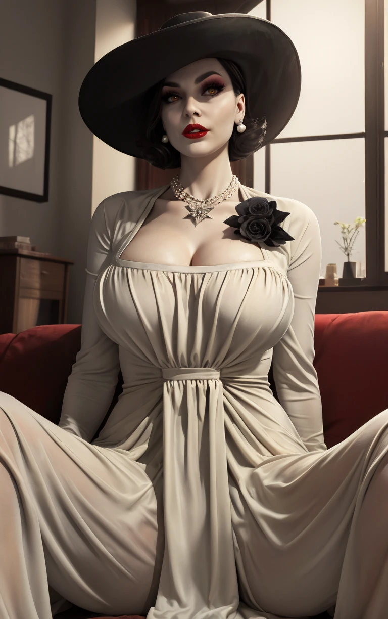 (masterpiece, best quality:1.4), insaneres, absurdres, solo, looking at viewer,BREAK 
GAME_REvilVill_LadyDimitrescu_whitedress_ownwaifu,
1girl, pale skin, (grey skin), colored skin, pearl necklace, black hair, short hair, yellow eyes, colored sclera, mature female, large breasts, huge breasts, tall female, giant, giantess, lips, collarbone, jewelry, necklace, earrings, lipstick, makeup, breasts, red lips, 
cleavage,  white dress, hat, sun hat, black rose, black gloves, gloves,  black headwear, long dress, long sleeves,
(sitting, spread legs), arms behind back, couch, window shade, indoors, <lora:GAME_REvilVill_LadyDimitrescu_whitedress_ownwaifu:0.95> , depth of field