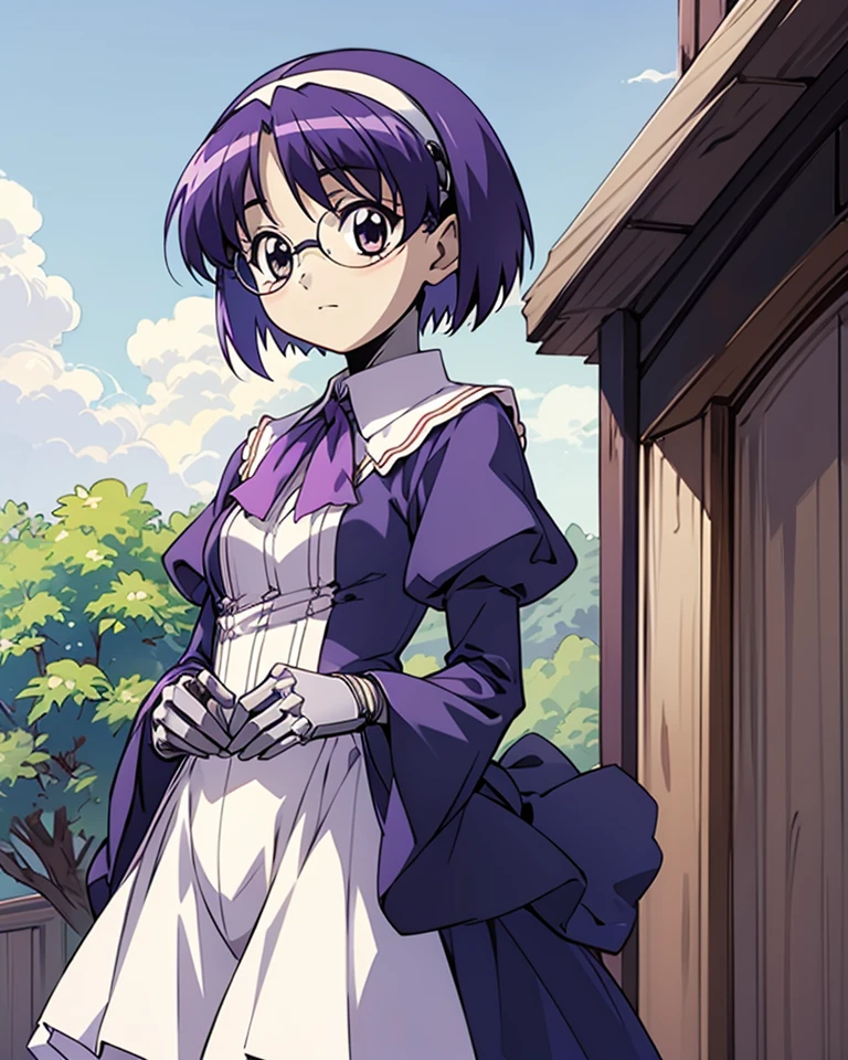 1girl,standing, cowboy shot, outdoors, 
 <lora:AikoMagipoka:0.6>, (aiko \(renkin san-kyuu magical pokaan\), glasses, hairband, purple_hair, short_hair), grey arms,