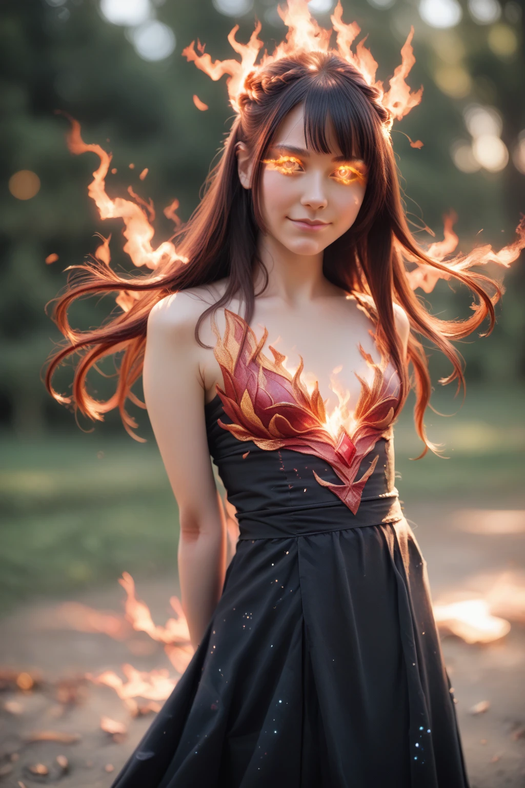 Close-up portrait of a beautiful woman wearing a dress made of flames, standing on a lava field, streams of molten lava surrounding her, hair flying in the wind, detailed background, vivid colors, piercing eyes, perfect face, Oil Painting, expressive brushwork, luminous color palette, and delicate details