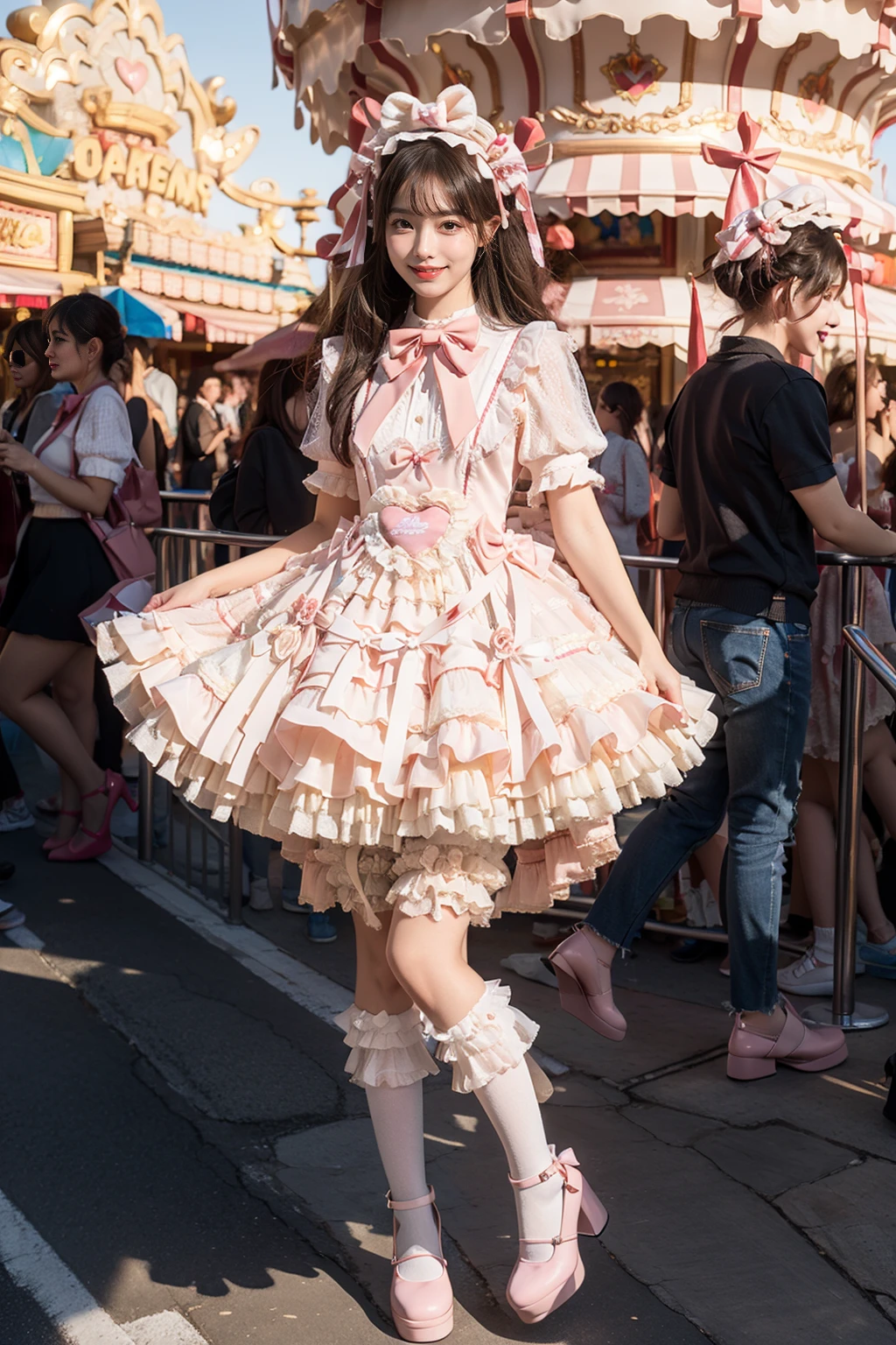 best quality, masterpiece, realistic, photorealistic, 1girl, solo, smile, black hair, long hair, standing, full body, cyb dress, dress, pink dress, layered dress, frilled dress, short sleeves, bloomers, white bloomers, ribbon, bowtie, frills, bow, dress bow, heart symbol, hair bow, hair ornament, frilled socks, platform heels, amusement park, people, detailed background, <lora:sweet_attire_style5_v1:0.7>, <lora:Background Detail Enhanced_Si_v3.0:1.5>