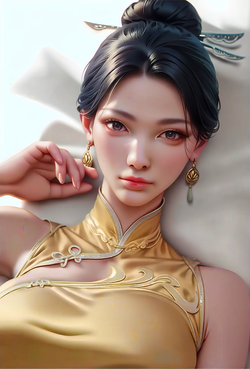 一个女孩Lying in bed,Face up,Raise your legs slightly,Front view super detailed beautiful big breasted girl 16 years old. Ultra HD, 4K, 8K, Movie,whole body,Lying down,Long legs,Very big breasts,whole body捕捉,(((Lying in bed))),(((whole bodyLying in bed))),big bed,Lying in bed,Sleeping on the pillow,Lying down,Headrest pillows
