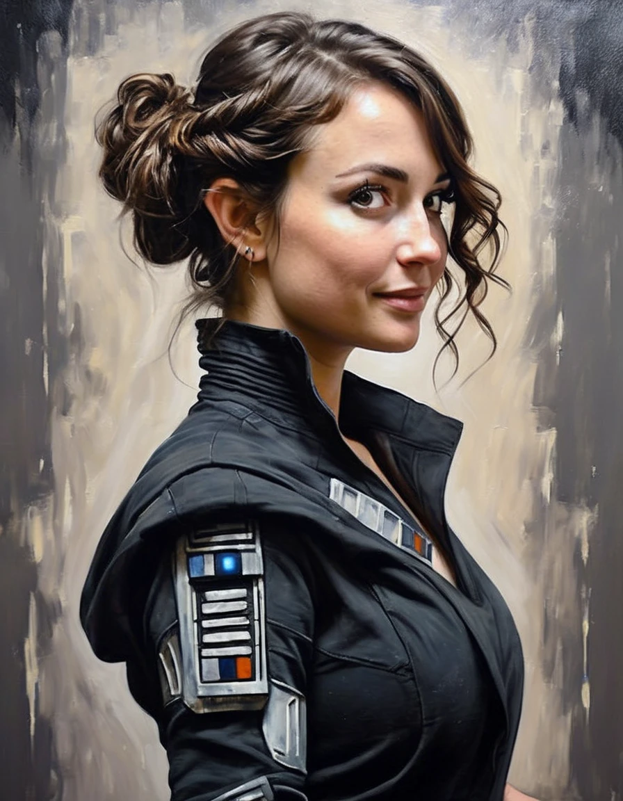 ((oil painting)) of mlnvyntrbsqgrl woman, as a Star Wars character,   perfect face,  dark shot, dramatic, extremely detailed, intricate, elegant,fantasy, <lora:Milana Vayntrub -000007:1.0>