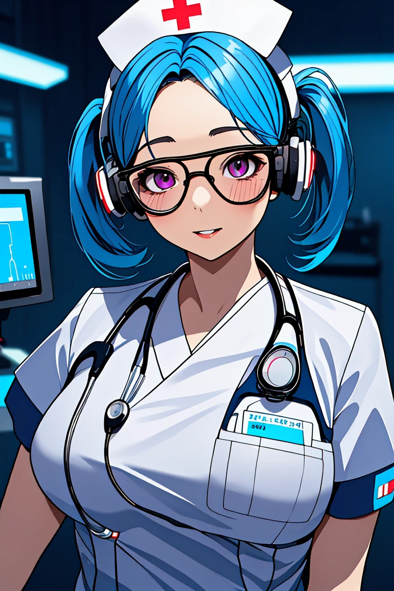 (RAW photo, best quality), (1girl), operating room, overhead surgical light,blurred background, focused,
 <lora:Tatsuko Miiko_3dc_V1.0:0.8> tatsuko miiko, 3dcg_17, twintails, short hair, glasses,
 <lora:cybr_nrs_v1.0:0.8> (cyber_nrs,, 1girl, short sleeves, headphones, nurse cap, nurse, name tag, tinted eyewear, stethoscope,cybernetic, futuristic),