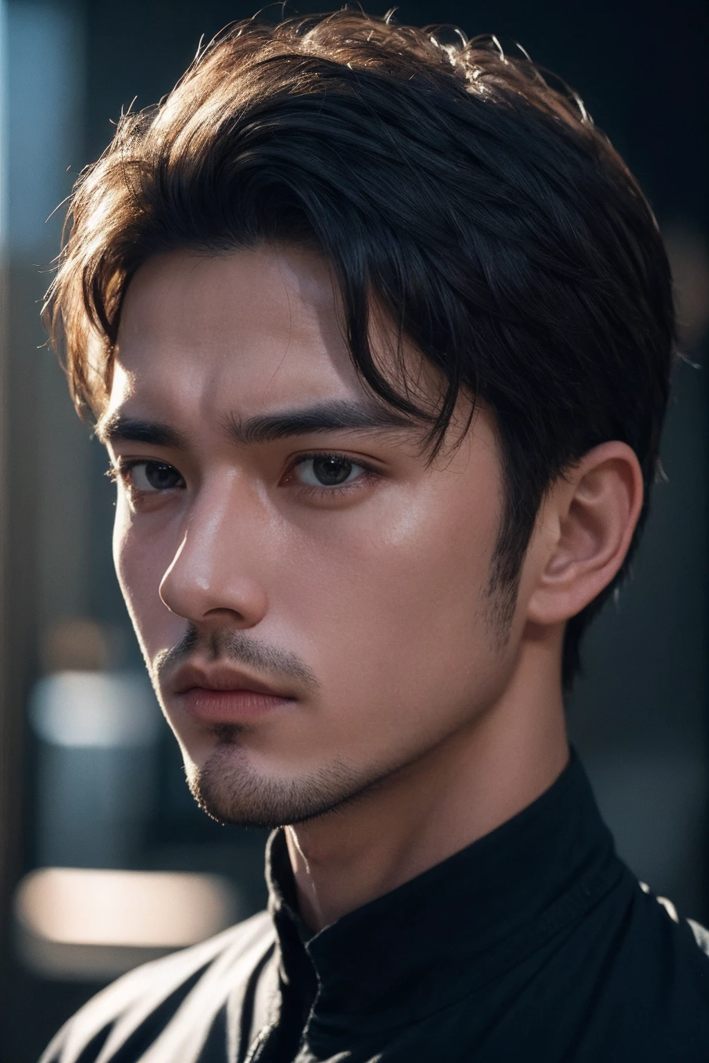high quality, face portrait photo of 20 y.o man, wearing black shirt, serious face, detailed face, skin pores, cinematic shot, dramatic lighting