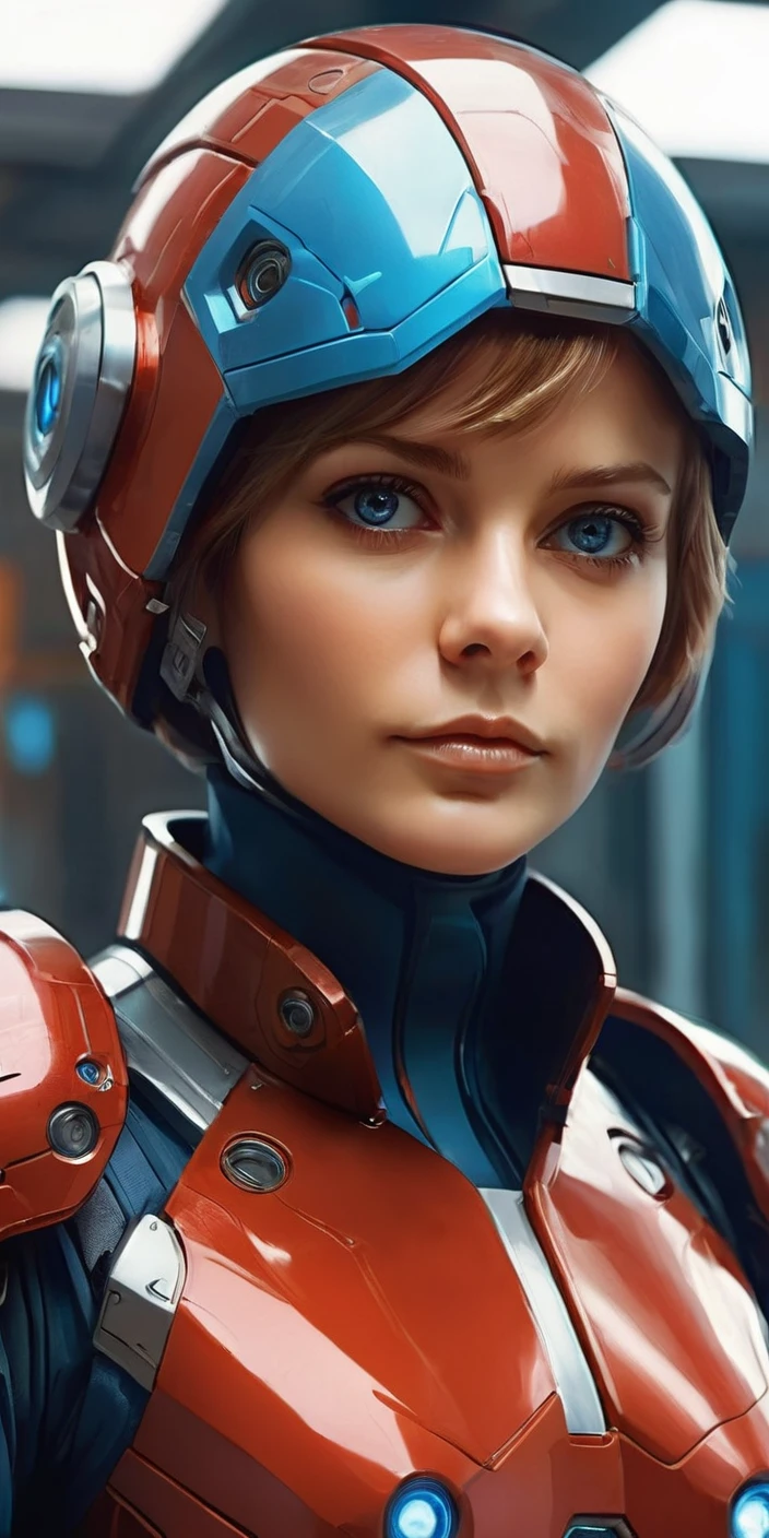 full body illustration of Alisa Selezneva short hair big blue eyes Female Soviet Superheroine in high tech red mecha armor, full background, color reflected, atmosphere, great composition, dynamic dramatic cinematic light, aesthetic, very inspirational, highly detailed, perfect intricate, elegant, creative, stunning fine detail, epic, positive colors, beautiful, amazing, symmetry, cute
