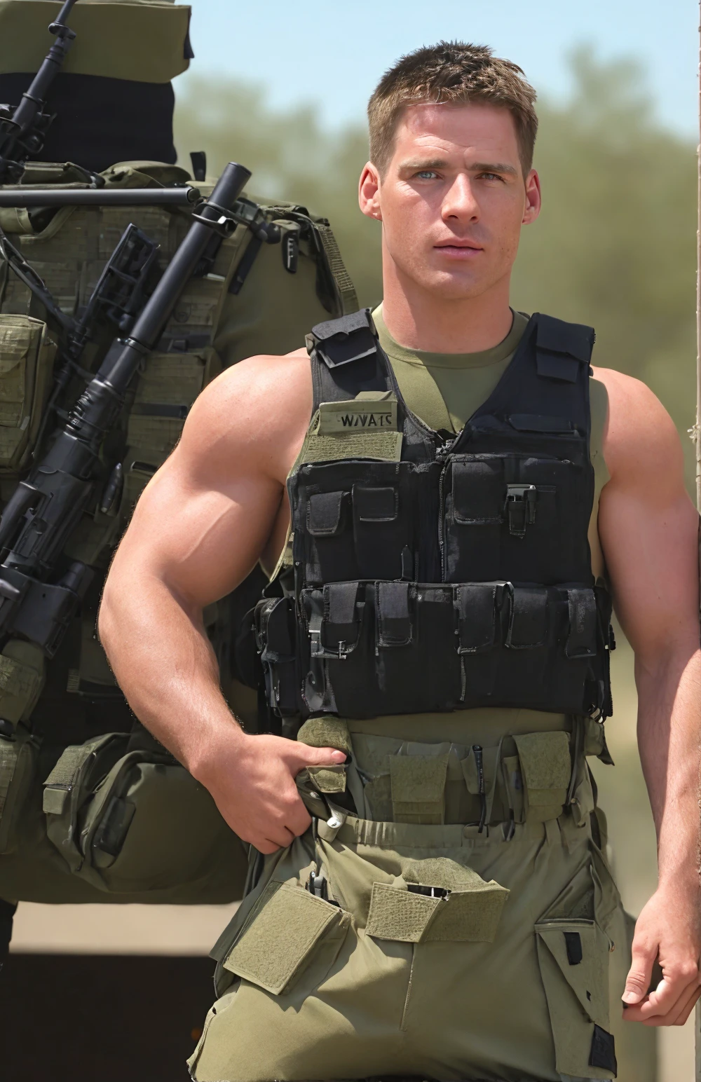 <lora:BulkedUpAIR1.5:0.1>. (close up body shot:0.7), at outdoor military base, sweaty:1.2, , wearing military shorts, (wearing open SWAT vest:1.1), confident, handsome, (((masterpiece))), (((best quality))), <lora:more_details:0.1>, large pectorals, big muscles, ((hands on waist),  jock hairstyle:1.2, <lora:codnfdle878c73f3ko50:1.1>, benbrowder