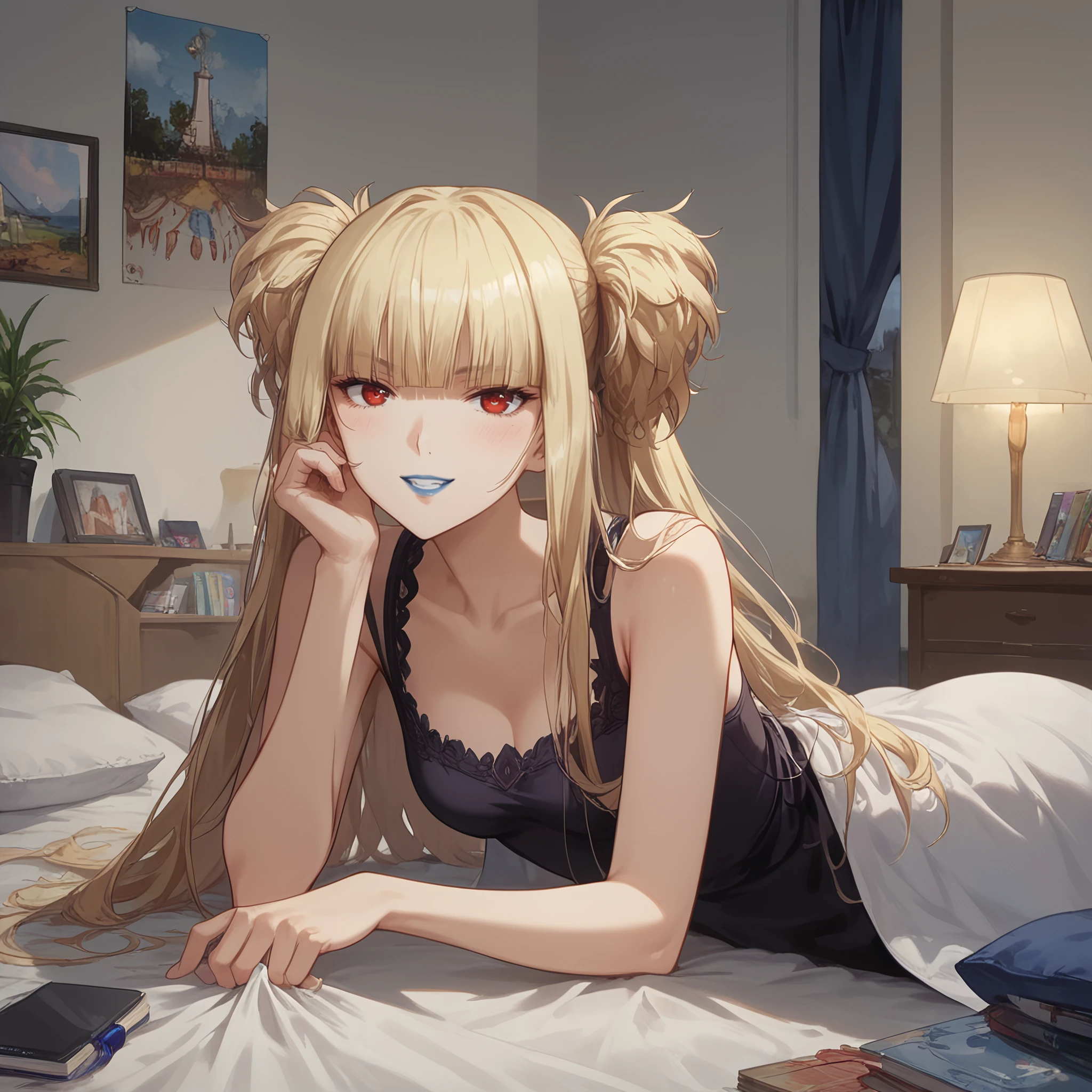 score_9, score_8_up, score_7_up, Expressiveh, ultra detailed, <lora:Kongou:0.8>,kongou_aoki,  blond hair,red eyes,blue lipstick,nsfw, uncensored, masterpiece, best quality, ultra-detailed, illustration, 1girl, solo, indoors, home, bedroom, daytime, dress, thigh high socks, canine teeth, grinning, mischievous, playful, comfortable, relaxed, confident, satisfied, happy, cushion, sheets, pillow, blanket, lamp, curtains, closet, books, plants, phone, headphones, mirror, wall art, posters, window, natural light, shadow, contrast,  <lora:Expressive_H:0.8>, <lora:Concept Art Twilight Style SDXL_LoRA_Pony Diffusion V6 XL:0.8>