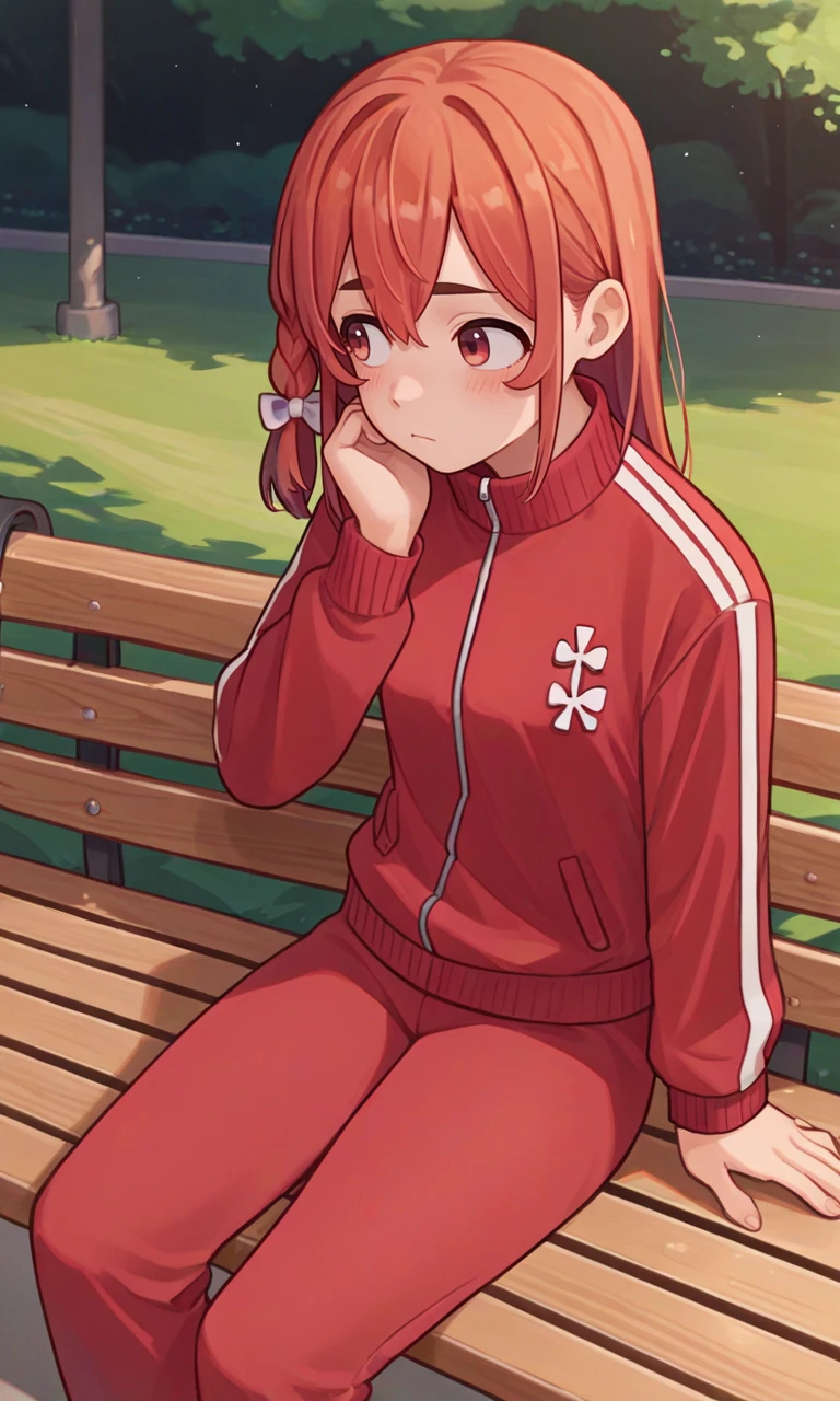 score_9, score_8_up, score_7_up, source_anime, solo, 1girl, sakurasawa sumi, blush, expressionless, looking away, sitting, park bench, side braid, hair bow, white bow, red jacket, track jacket, long sleeves, red pants, outdoors <lora:rentagirlfriend_sakurasawa_ponyXL:1>