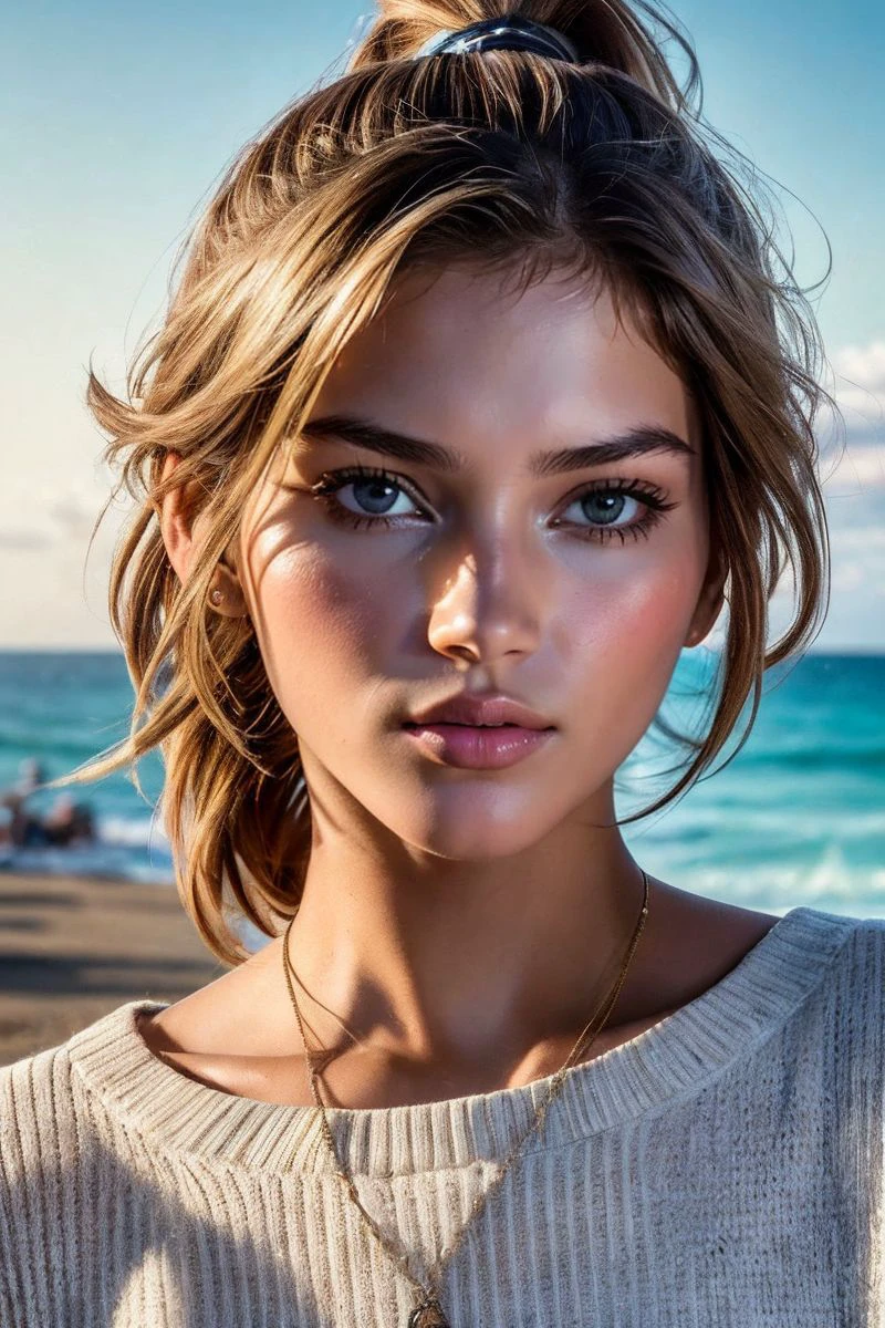 closeup headshot of S383_ValeryKaufman,a beautiful woman,on a (beach:1.1),wearing a (crewneck:1.1),(ponytail),(4k, RAW photo, best quality, 35mm, depth of field, ultra high res:1.1),(intricate, photorealistic, cinematic-shot, masterpiece, ultra-detailed:1.1),
