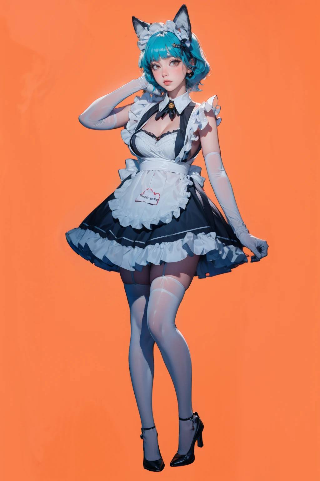 best quality,masterpiece,red background,1girl,solo,facing viewer,standing,full body,blush,eyeliner,eyeshadow,eyelashes,blunt bangs,short bangs,gigantic breasts,saggy breasts,<lora:lemon0015-NIKKE Privaty Unkind Maid_v1:0.9>,lemon0015,maid,maid apron,frilled dress,frills,clothing cutout,elbow gloves,bell,fake animal ears,blue hair,high heels,