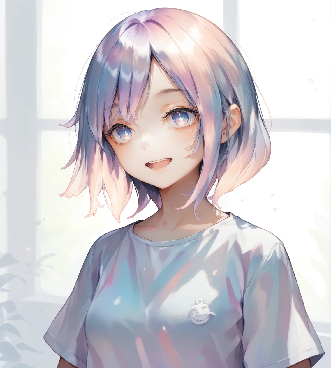 score_9,score_8_up,score_7_up,score_6_up,source anime BREAK,1girl,solo,portrait,medium hair,iridescent hair,blue eyes,indoors,bedroom,small breasts,iridescent,white shirt,gradient hair, :o, suprised, open mouth, (smile:0.6)
 <lora:iridescent_blocks:0.9>