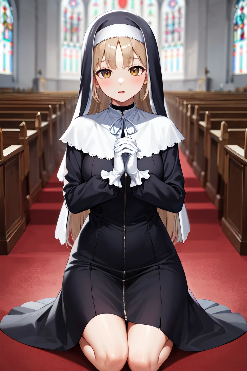 masterpiece, best quality, highres, aasister, long hair, nun, habit, white capelet, neck ribbon, (black dress:1.2), long sleeves, white gloves, full-length zipper, <lora:sister_cleaire_v2:0.7>, church, indoors, kneeling, praying, own hands together, hands up,