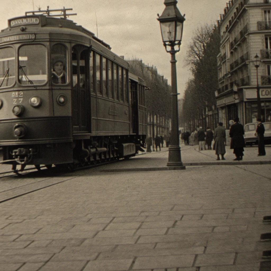 Create a black and white image that captures a vintage streetcar in Paris, France, during the year 1947. The streetcar should be the focal point, moving along a cobblestone street lined with historic Parisian buildings, each exhibiting the architectural charm of the era. Include pedestrians in period-appropriate attire to add a sense of life and authenticity to the scene. The surrounding environment should feature elements typical of Paris in the late 1940s, such as lampposts, vintage cars parked along the side of the street, and perhaps the distant silhouette of an iconic monument to ground the setting in its specific location. The composition should use light and shadow to create a dramatic and nostalgic atmosphere, evoking the essence of post-war Paris. The image should be detailed enough to allow viewers to feel the texture of the cobblestones, the intricate design of the streetcar, and the bustling life of the city during this historical period, all while maintaining a sense of timeless elegance.