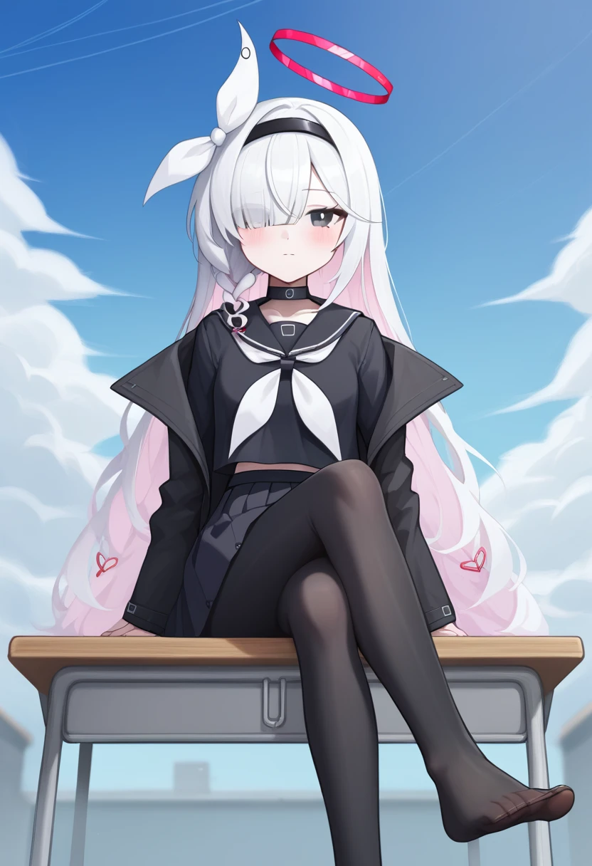 score_9,score_8_up,score_7_up,<lora:blue_archive_all_v2:1>,absurdres, sitting, feet, long_sleeves, black_sailor_collar, blush, cloudy_sky, solo, white_neckerchief, black_choker, open_coat, hair_over_one_eye, crossed_legs, closed_mouth, signature, black_pantyhose, black_skirt, black_hairband, outdoors, highres, black_coat, black_serafuku, school_desk, 1girl, pleated_skirt, plana_\(blue_archive\), looking_at_viewer, no_shoes