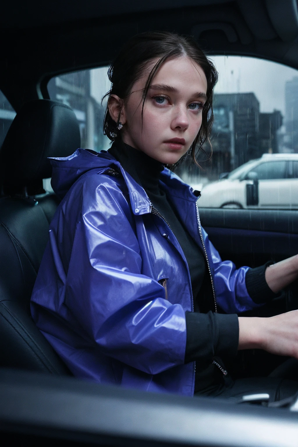 <lora:CaiSpa15L:1> CaiSpa15L,jacket, driving car, cyberpunk, raining, upper body,