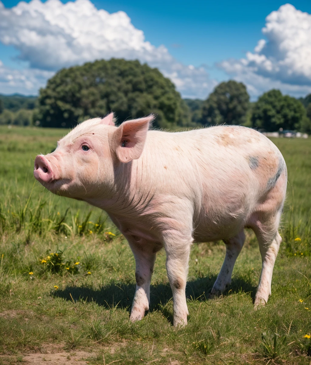 (the pig),solo,animal,all fours,chuchumy,cuteg,full body,no_humans,outdoors,pasture,blue sky,cloud,cinemagraph,<lora:Horror_Happy_Meat_Farms_v1.0:0.6>,