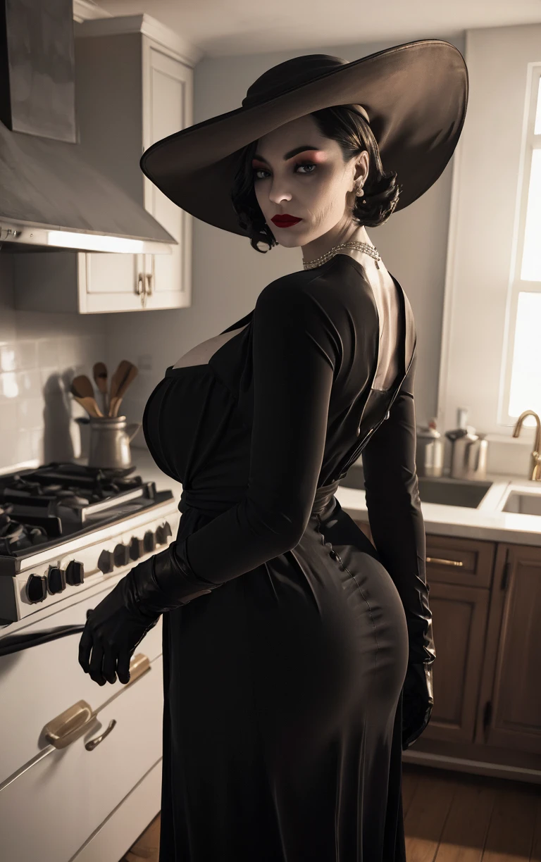 (masterpiece, best quality:1.4), insaneres, absurdres, solo, looking at viewer,BREAK 
LadyDimitrescu_BlackDress,
1girl, short hair, (pale skin, white skin),  red lips, large breasts, curvy, nose, veiny breasts, wide hips, black hair, jewelry, lipstick, earrings, makeup, breasts, pearl necklace, mature female, tall female,  yellow eyes, lips, colored skin, eyelashes, 
hat, dress, sun hat, gloves, black flower, black rose,  cleavage, black headwear, black gloves, black dress,  long dress, long sleeves
(looking back, cowboy shot), from behind, cooking, frying pan, kitchen, indoors, <lora:GAME_REvilVill_LadyDimitrescu_blackdress_ownwaifu:0.8> , depth of field