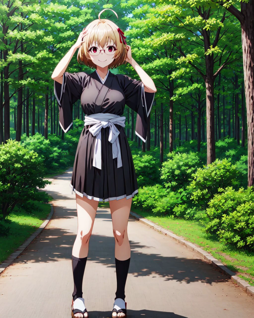 shinigami kimono,black kimono,black kosode,black hakama,<lora:Shinigami_kimono-000004:0.8>,
day,forest BREAK
kagami kusakabe,short hair,blonde hair,(red eyes:1.3),ribbon,hair ribbon,ahoge,glasses,socks,sandals,
standing,smile,arms_up,looking_at_viewer,<lora:kagami kusakabe s1-lora-nochekaiser:0.7>,