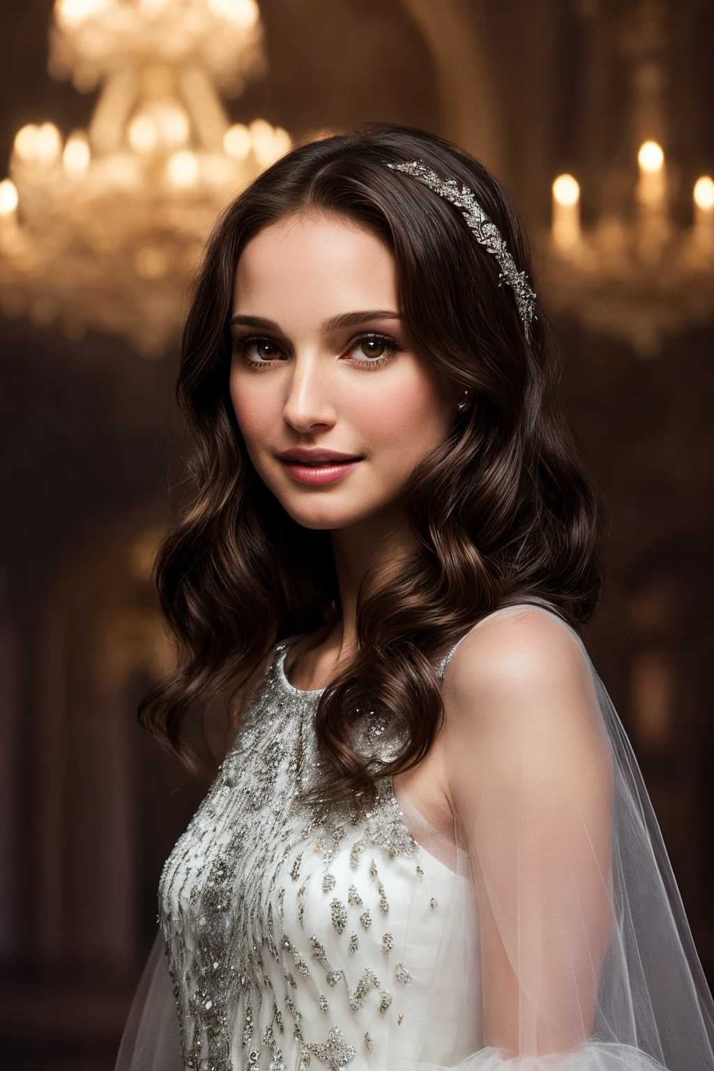 NatalieP_SoloTI_v1,(happy,smile), Enchanting and whimsical attire, featuring elaborate details and princess-like silhouettes, graceful and dreamy pose, close-up shot, (digital, vibrant and saturated colors, a touch of magical filters), (Fairytale Castle Setting, Sparkling chandeliers, grand ballrooms, and a sense of enchantment), sparkling and innocent eyes, a sweet and enchanting expression, rosy and youthful lips, (dreamy gaze: 1.1), ornate and princess-worthy accessories, (magical shot: 1.3), (soft and ethereal lighting, creating a magical and romantic atmosphere with a soft and glowing illumination), <lora:add_detail:0.5>, <lora:LowRa:0.2>,PA7_Portrait-MCU