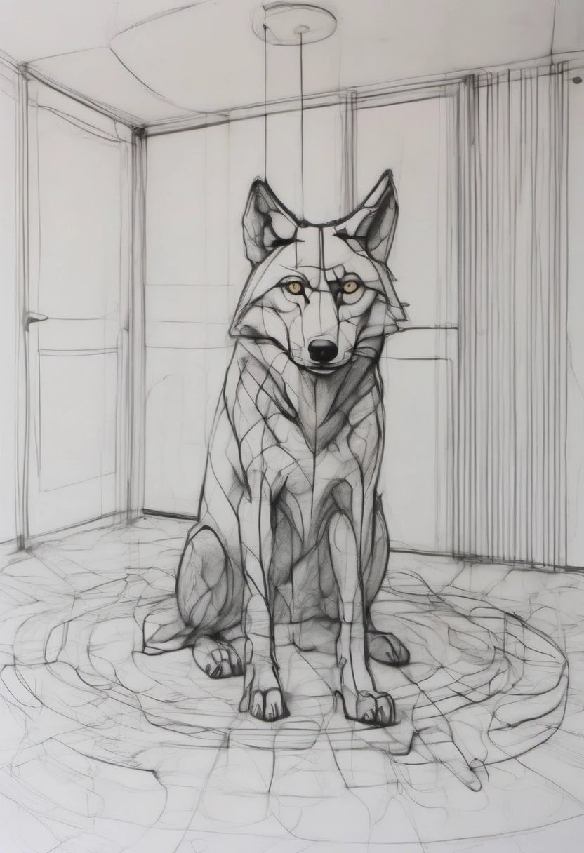 pencil contour drawing of a wolf on a disco floor