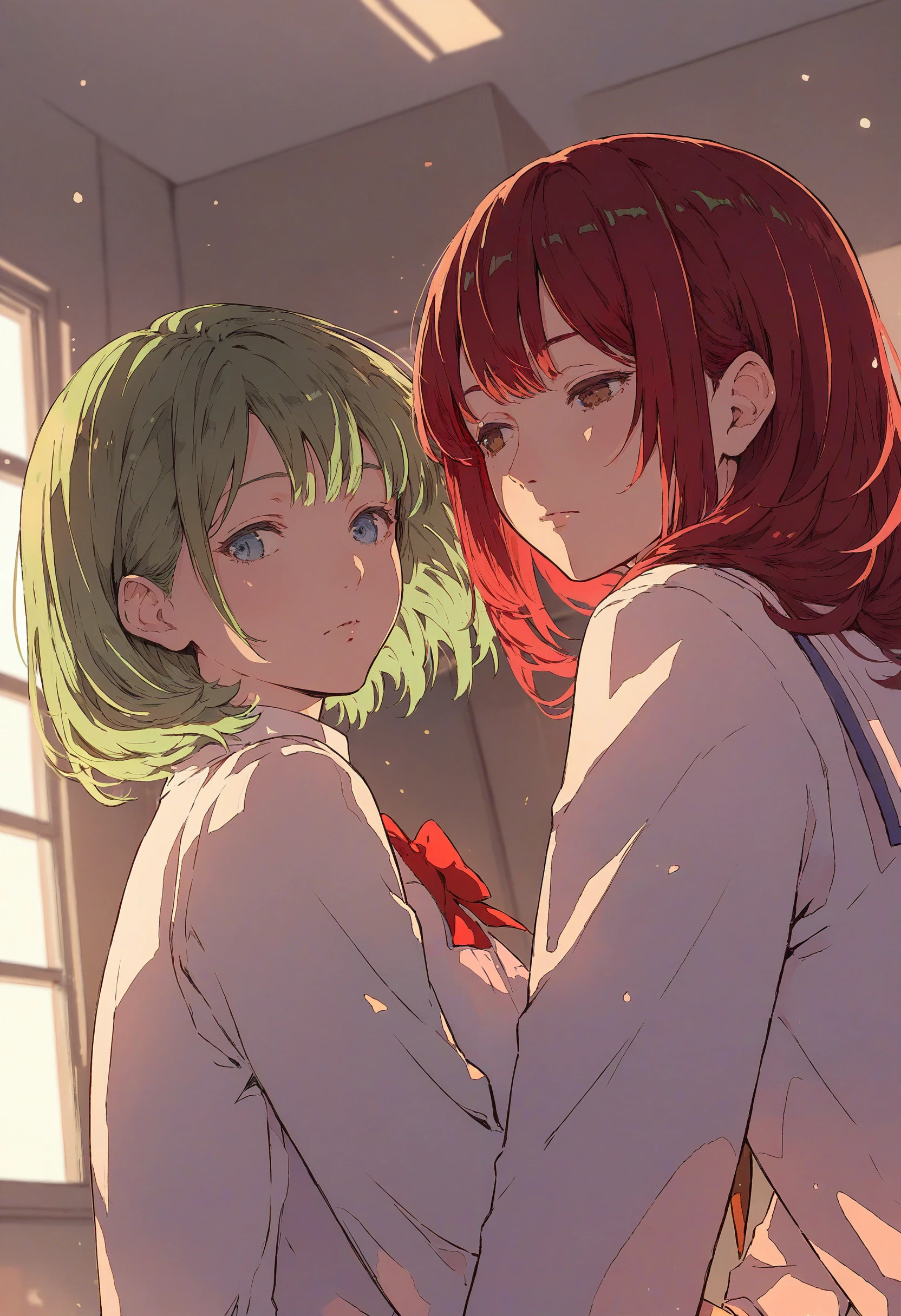 score_9,score_8_up,source_anime,<lora:Seraphitalg_XL:1>,close-up,2girls,from below,upper body,bent over,hug,from side,school uniform,indoors,looking back,leaning forward,red hair,green hair,brown eyes,blue eyes,half-closed eyes,long hair,short hair,