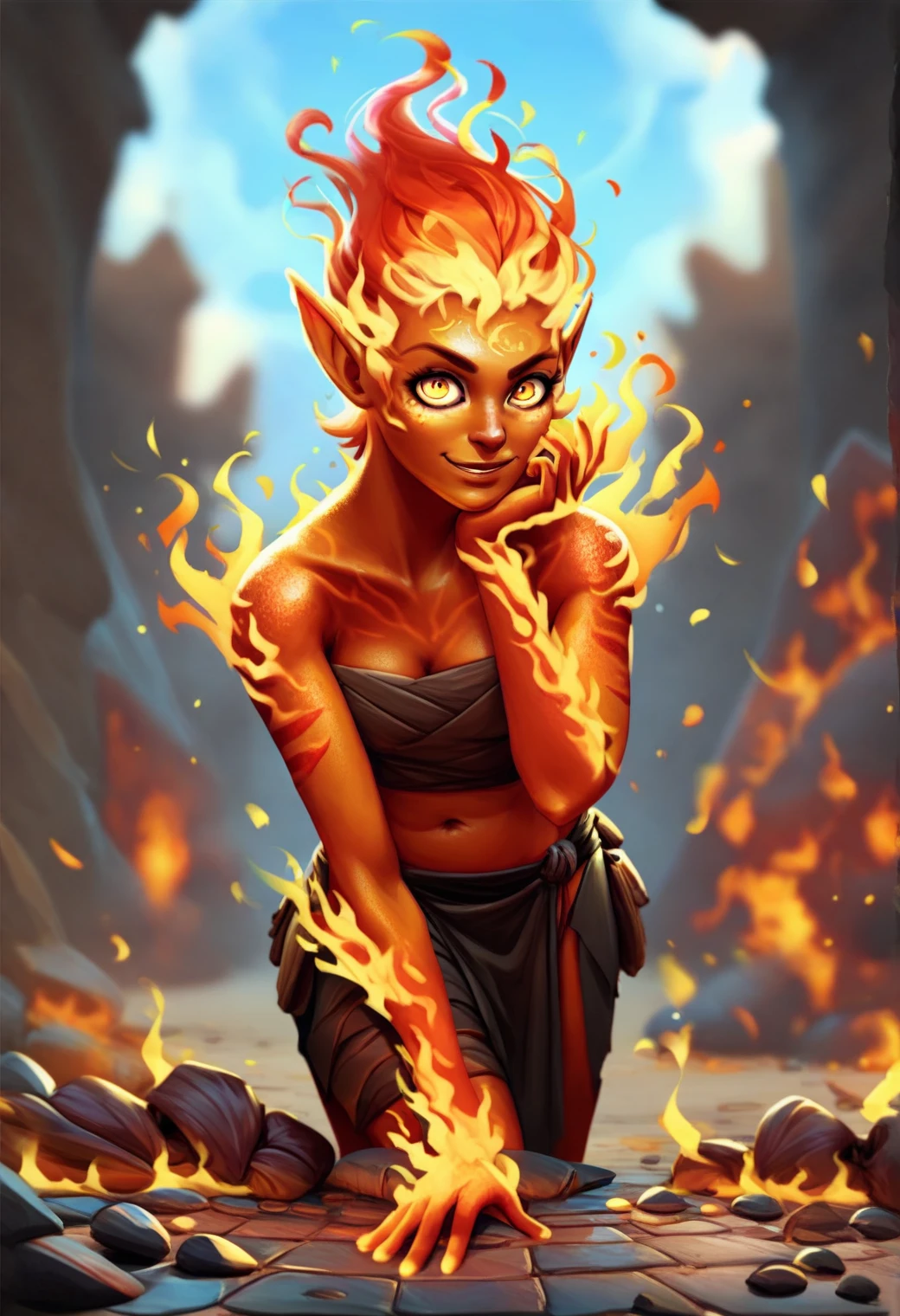 firegirl, <lora:firegirl_ponyxl_v1:0.8>, standing, burning hair, looking at viewer, arm rest, leaning, on ground, blurry background, smile, short hair, pointy ears, solo, burning arms, burning hands, fire aura, orange skin,
BREAK
score_9, score_8_up, score_7_up, score_6_up