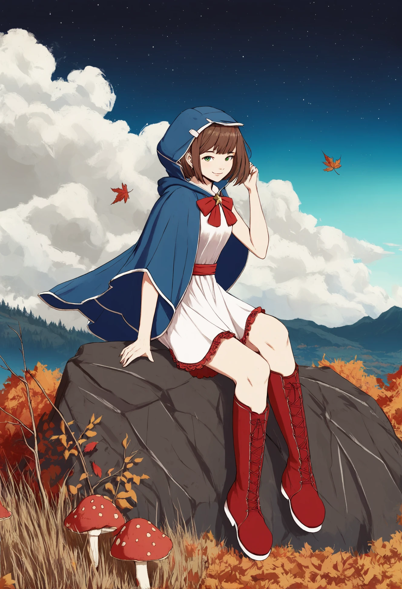 masterpiece, best quality,1girl, mushroom, brown hair, hood, green eyes, boots , sitting, hood up, red bow, red footwear, solo, hooded cloak, skirt, cloak, smile, bangs, shirt tie, hooded cape, frills, white shirt, looking at viewer, cross-laced footwear, hand up, closed mouth, blue cloak, short hair, red bowtie ,chain, star (sky), space, sky, starry sky, planet, solo, cloud, sky, dress, day, scenery, outdoors, white dress, blue sky, standing, sleeveless, tree, sleeveless dress, wind, mountain, water, scenery, tree, autumn leaves, autumn, outdoors, leaf, fence, day, maple leaf, nature  
<lora:ABXLlokr8f-000109:0.95>