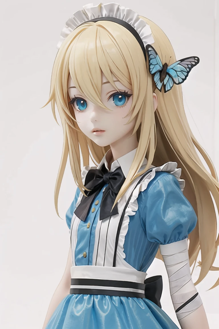 (masterpiece),best quality,portrait,upper_body,1girl,solo,blonde hair,long hair,dress,butterfly hair ornament,bandages,bowtie,striped bow,hair between eyes,puffy sleeves,apron,striped,short sleeves,pantyhose,bandaged arm,alice \(alice in wonderland\),