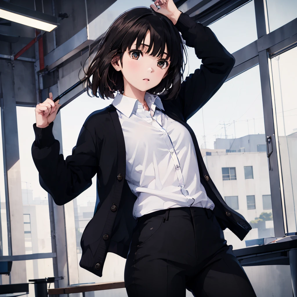 masterpiece,best quality,Ultra detailed,1girl,<lora:staingirl-000005:0.8>,staingirl,black cardigan,collared shirt,open clothes,open cardigan,shirt tucked in,black pants,brown eyes,ass focus,victory pose,