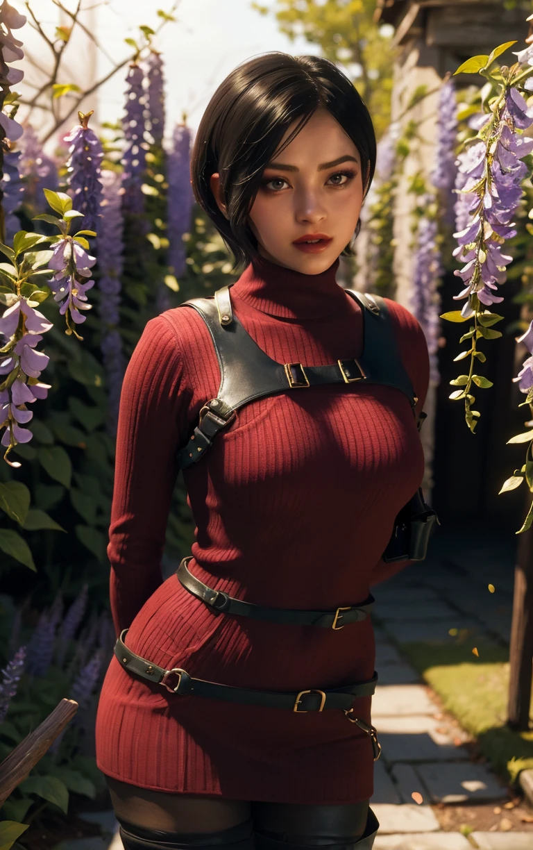 (masterpiece, best quality:1.4), insaneres, absurdres, solo, looking at viewer,BREAK 
GAME_ResidentEvil4Remake_AdaWong_ownwaifu,
1girl, asian, black hair, short hair, brown eyes, lips, bangs, large breasts, red lips, makeup, lipstick,
sweater, dress, gloves, holster, shoulder holster, black gloves, turtleneck, turtleneck sweater, sweater dress, ribbed sweater, long sleeves, harness,
belt, thighhighs, pantyhose, thigh boots, black thighhighs, red sweater, red dress, 
(leaning forward, arms behind back), cowboy shot, garden, wisteria, outdoors, <lora:GAME_ResidentEvil4Remake_AdaWong_ownwaifu:0.85> , depth of field