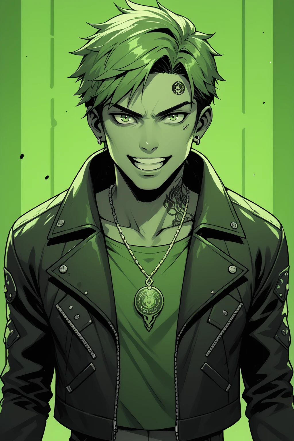 reshadexl, green theme, monochrome, 1boy, male focus, male_focus, solo, short_hair, fluffy_hair, jewelry, open_clothes, jacket, necklace, open_jacket, jacket, shirt, crop_top, tattoo, pendant, leather, leather_jacket, looking_at_viewer, wide_grin, open_mouth, neon lighting, side lighting, studio, duochrome, duotone , PonyXLV6_Scores, <lora:ReshadePDXL:1>