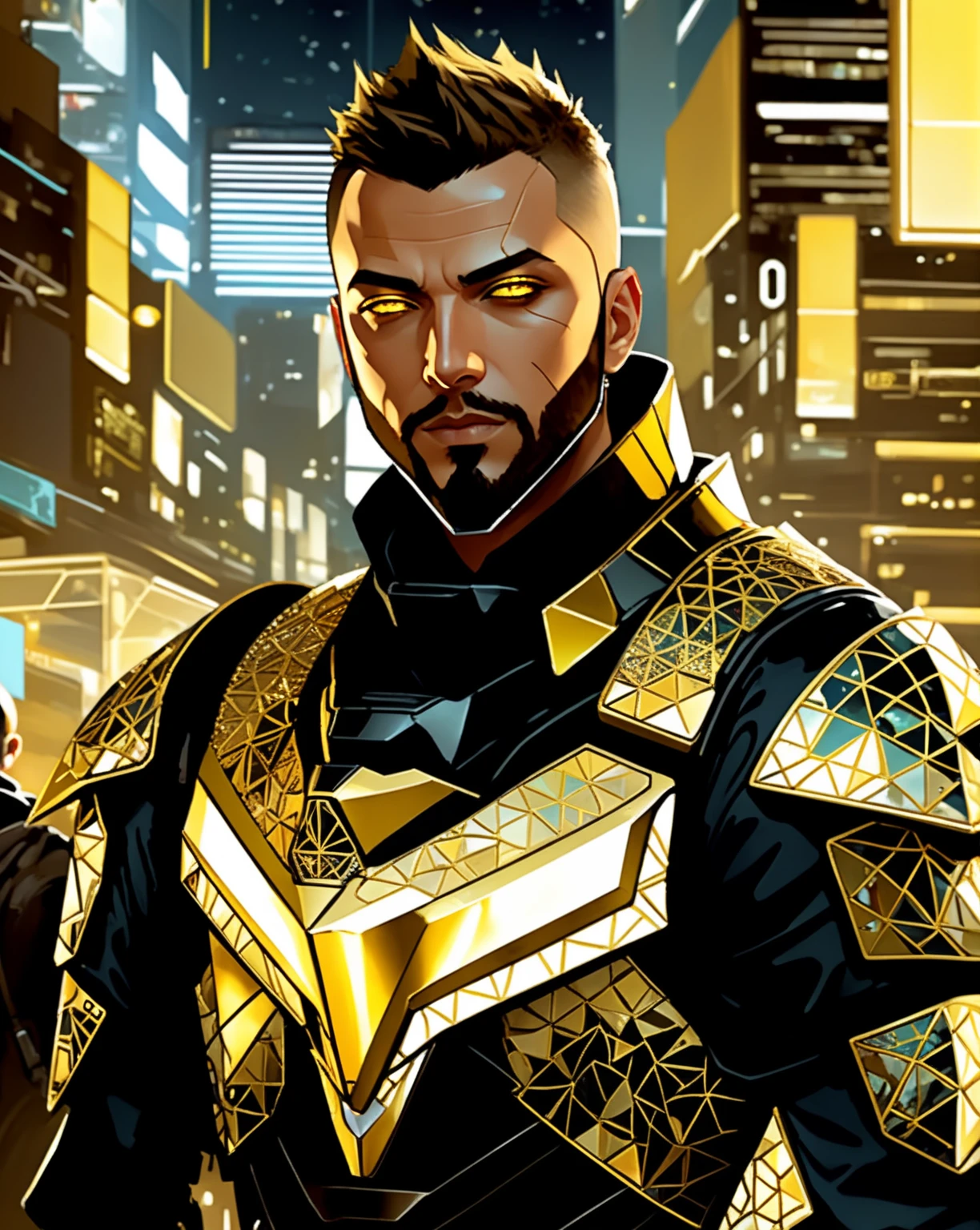 dxhr style <lora:dxhr_v2_sdxl:1>, vector shapes, concept art, (close up portrait shot of a man with short hair), cropped beard, wearing a bulky shiny [metallic|stone] golden skintight fractal sierpinski triangle armor, detailed cybernetic yellow holographic eyes, extremely detailed cyborg face and body, detailed armor, standing in a (well lit crowded city square plaza), night time, cluttered busy background, intricate details, professional digital art, flat colors, flat shaded