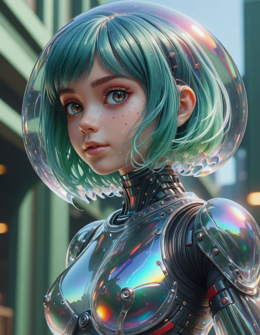 <lora:Bubbly_Tech_XL_World_Morph:1> , , scifi,blurry_background,hyper detailed, bubblytech, transparency, caustics , iridescent,
1girl, bob cut, green hair, red eyes, side_smile , cowboy shot, depth of field, holding_cube, in an ally