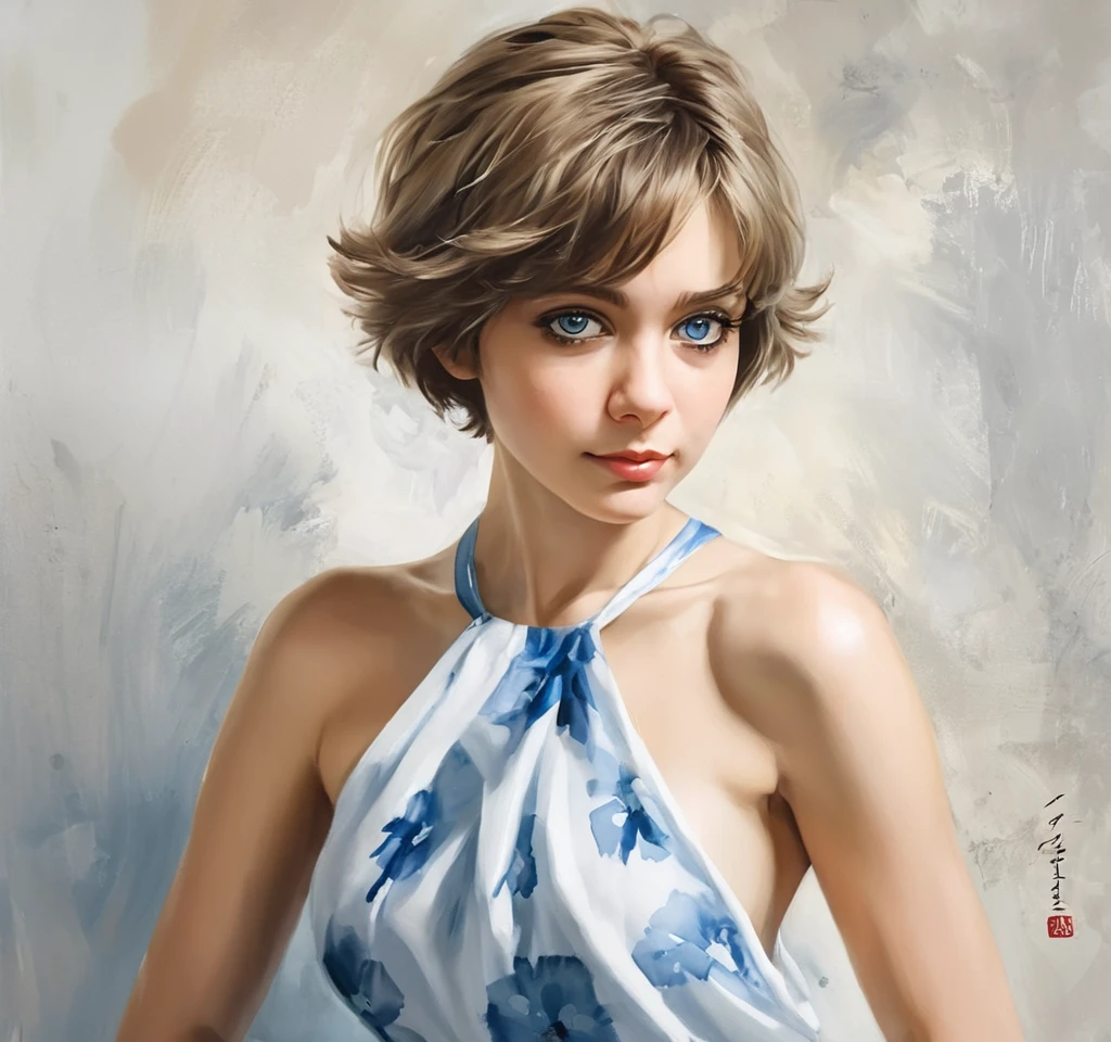 Were-Cat, cat half woman Alisa Selezneva Big blue eyes short hair, cat, cat eyes, cat furry, long hair, beautiful, fur., acrylic painting, trending on pixiv fanbox, palette knife and brush strokes, style of makoto shinkai jamie wyeth james gilleard edward hopper greg rutkowski studio ghibli genshin impact