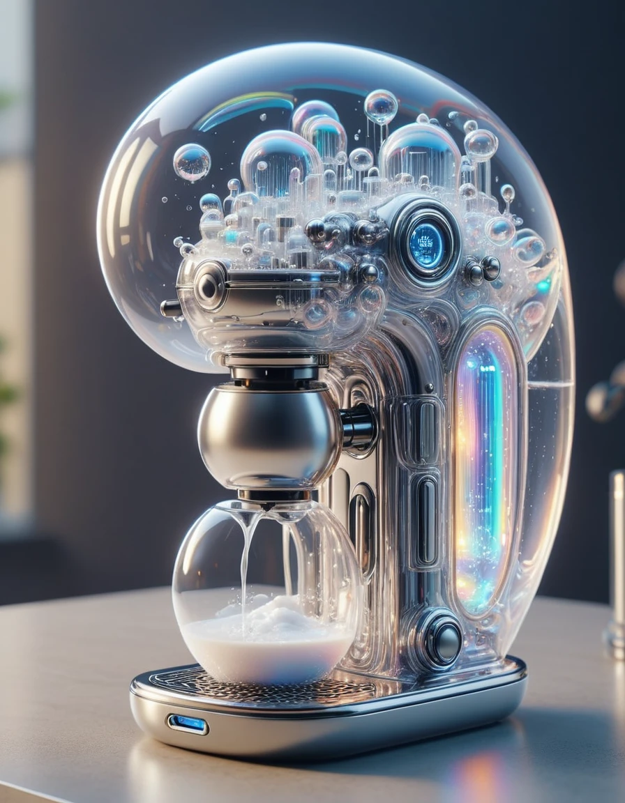 <lora:Bubbly_Tech_XL_World_Morph:1> , , scifi,blurry_background,hyper detailed, bubblytech, transparency, caustics , iridescent,
advanced coffee machine, hot coffee_mug,
