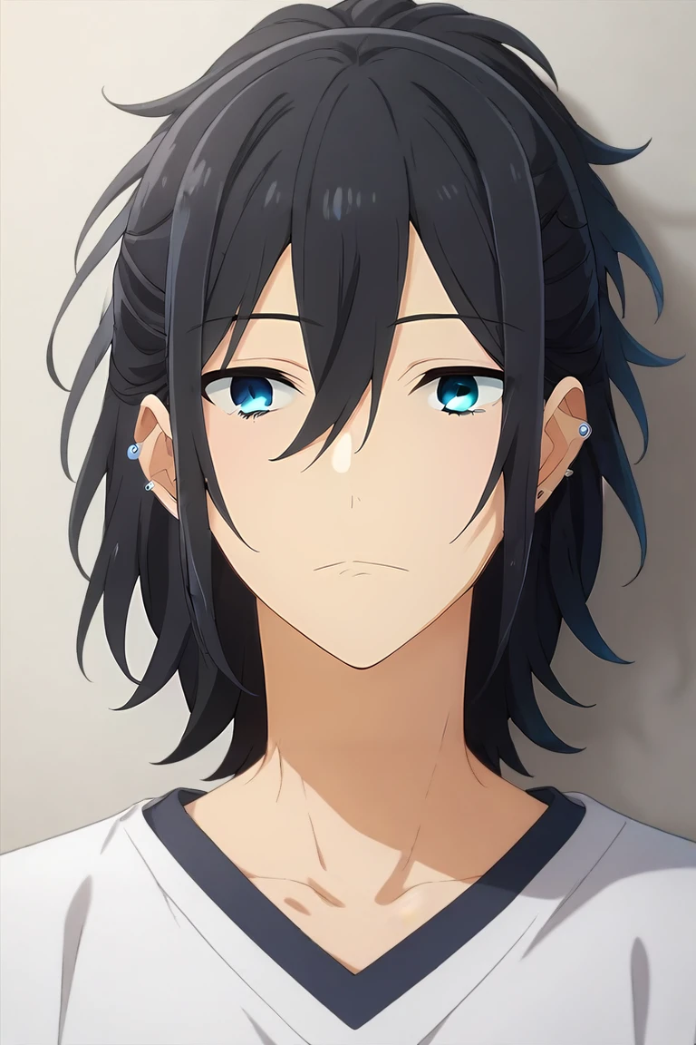 score_9, score_8_up, score_7_up, source_anime, semi-realistic, , upper body, , 1boy, solo, male focus, <lora:izumi_miyamura_pony:0.86>, izumi_miyamura, black hair, blue eyes, hair between eyes, bangs, medium hair, ponytail, piercing, , , , <lora:sdxl_lightning_8step_lora:1>