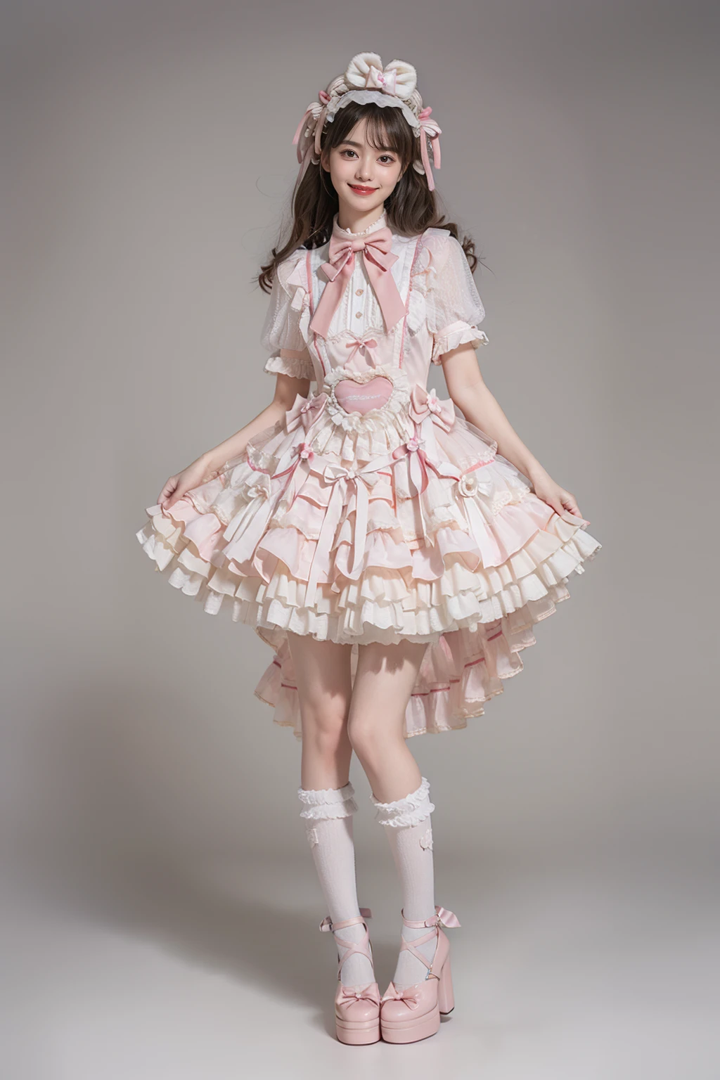 best quality, masterpiece, realistic, photorealistic, 1girl, solo, smile, black hair, long hair, standing, full body, cyb dress, dress, pink dress, layered dress, frilled dress, short sleeves, ribbon, bowtie, frills, bow, dress bow, heart symbol, hair bow, hair ornament, frilled socks, platform heels, pink background, <lora:sweet_attire_style5_v1:0.7>