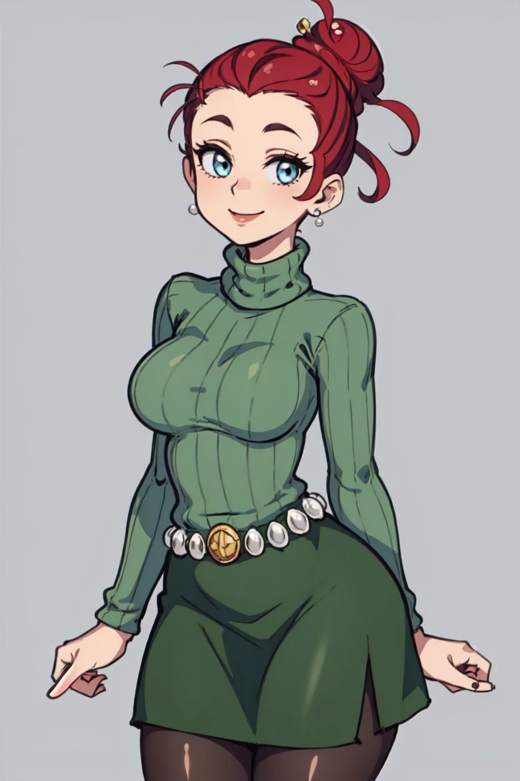 AgnesJohnson, 1girl, solo, red hair, single hair bun, eyeshadow, pearl earrings, turtleneck sweater, skirt, belt, pantyhose, shoes, mature female, cowboy shot, smile, looking at viewer