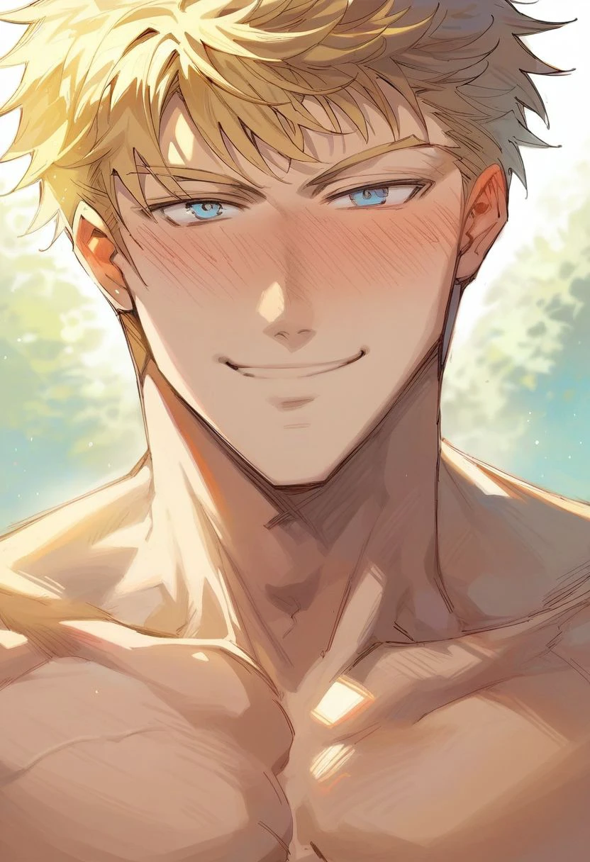 score_9, score_8_up, score_7_up, toval randonneur, 1boy, solo, blonde hair, blue eyes, shirtless, hotsprings, smile, blush, looking at viewer, middle shot, abs, nori