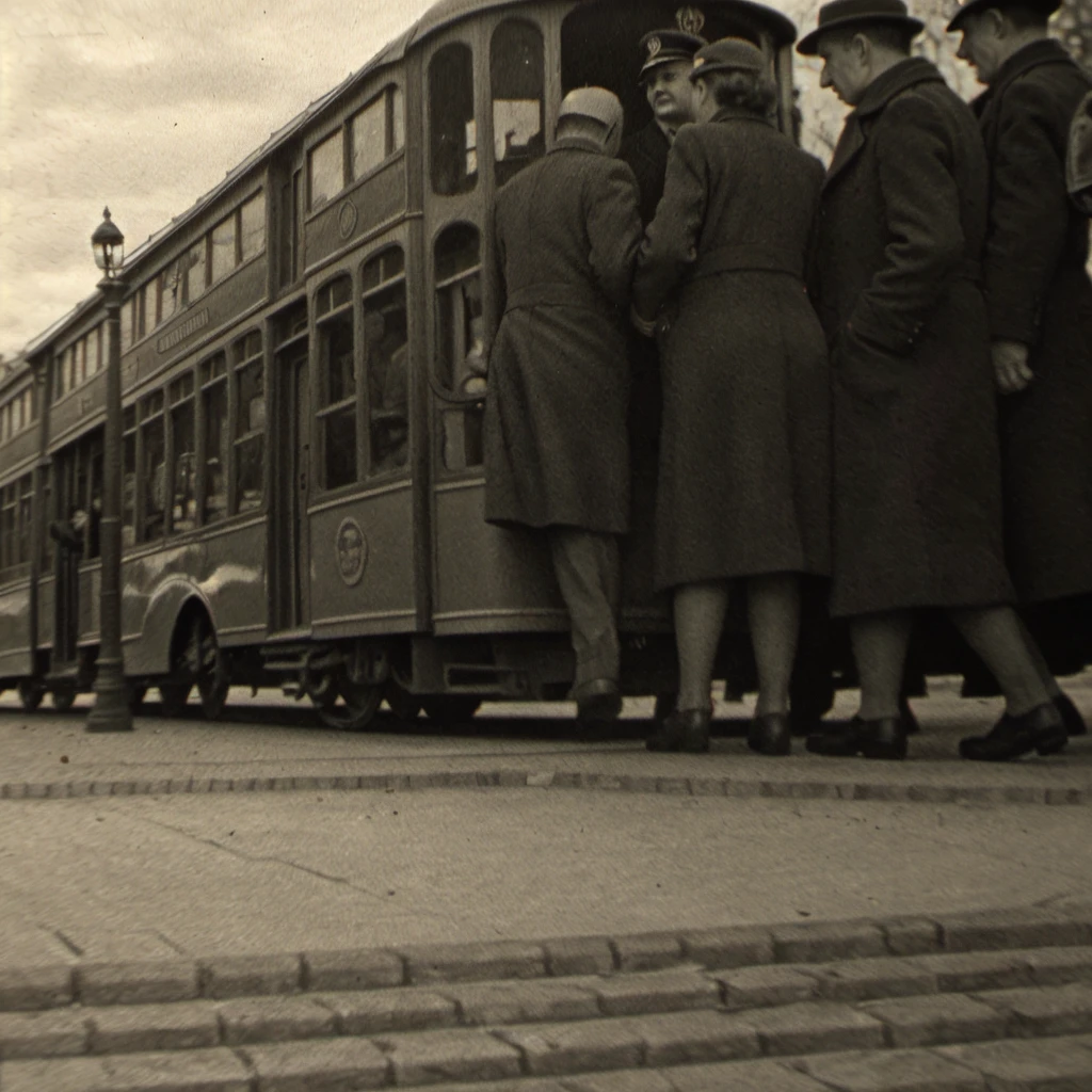 Create a black and white image that captures a vintage streetcar in Paris, France, during the year 1947. The streetcar should be the focal point, moving along a cobblestone street lined with historic Parisian buildings, each exhibiting the architectural charm of the era. Include pedestrians in period-appropriate attire to add a sense of life and authenticity to the scene. The surrounding environment should feature elements typical of Paris in the late 1940s, such as lampposts, vintage cars parked along the side of the street, and perhaps the distant silhouette of an iconic monument to ground the setting in its specific location. The composition should use light and shadow to create a dramatic and nostalgic atmosphere, evoking the essence of post-war Paris. The image should be detailed enough to allow viewers to feel the texture of the cobblestones, the intricate design of the streetcar, and the bustling life of the city during this historical period, all while maintaining a sense of timeless elegance.