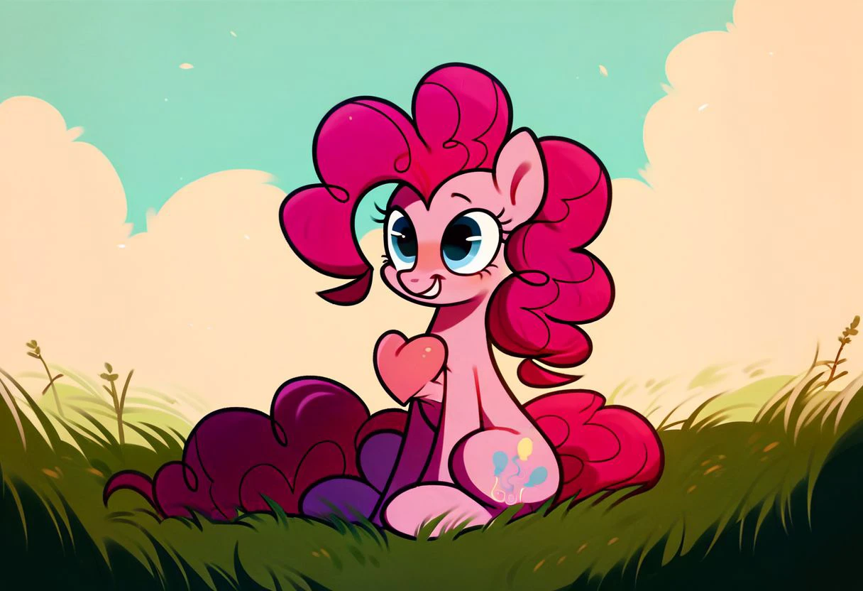 score_9,score_8_up,score_7_up,score_6_up,score_5_up,score_4_up, Heart out of chest, 1girl, solo, no humans, pony, pinkie pie, curly hair, pink hair, blue eyes, sitting, smile, outdoors, grass