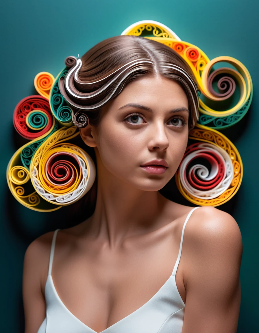 professional photo, paper quilling art of Italian Woman, looking away from camera, intricate, delicate, curling, rolling, shaping, coiling, loops, ornamental, highly complex, very coherent, lush, dynamic dramatic composition, detailed, glowing, cute, artistic background