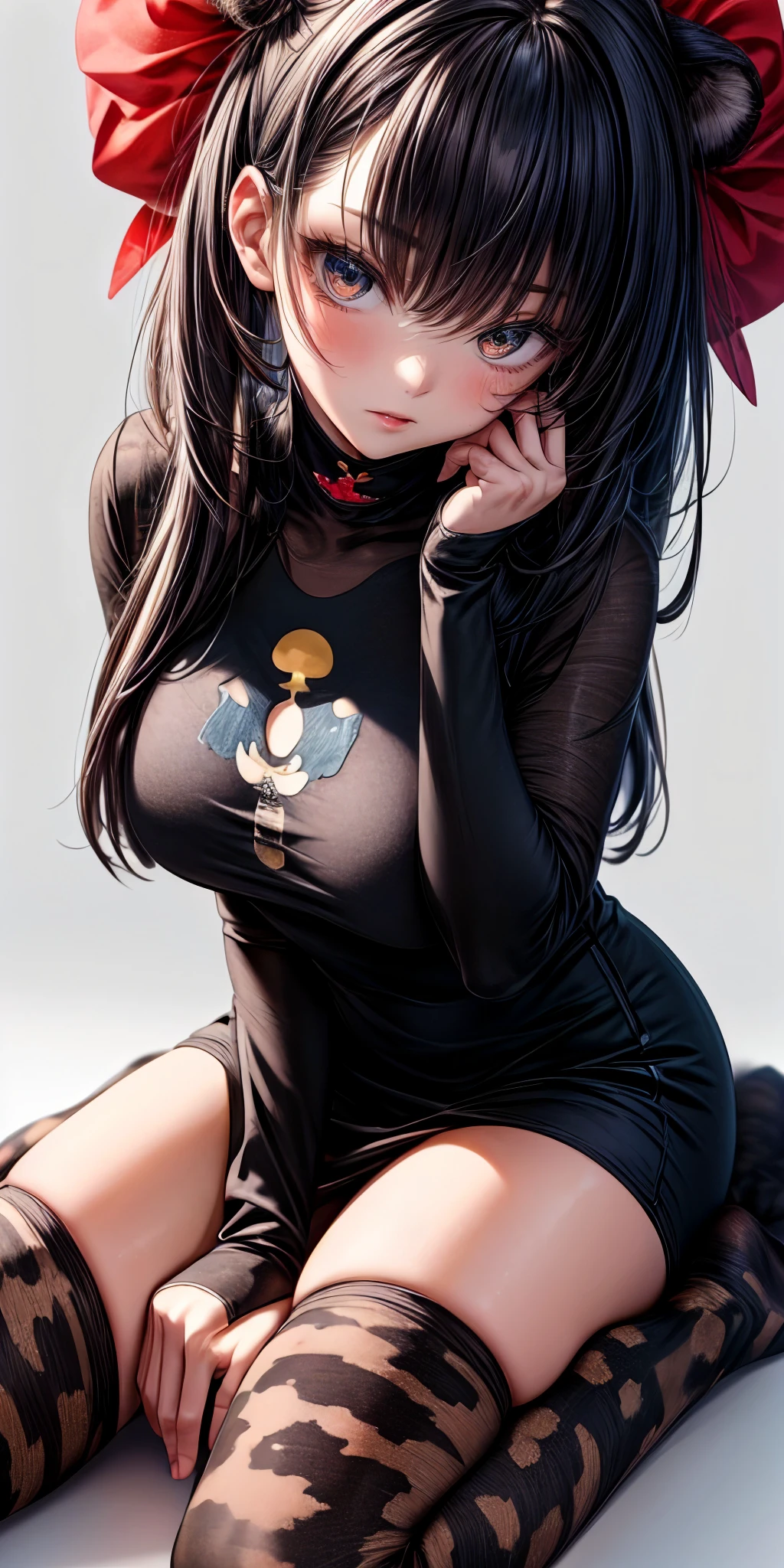 masterpiece,ultra-detailed,best quality,8K,illustration,
girl ,middle breasts,<lora:more_details:1>,simple background,balck dress,no shoes,wariza,
 <lora:jyoji ni-so v1.0:0.5> jyojifuku, animal print thighhighs, zettai ryouiki