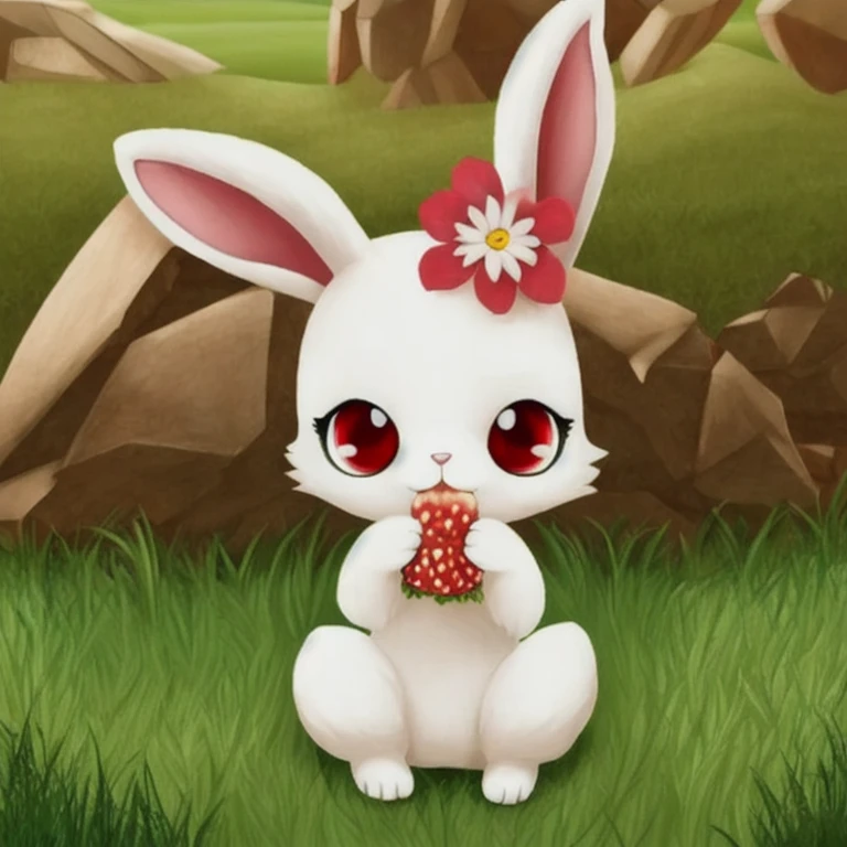 masterpiece,
jewel pet,Ruby,1girl,solo,looking at viewer,holding,animal ears,sitting,flower,outdoors,food,rabbit ears,no humans,eating,grass,furry,rabbit,white fur,red eyes
, <lora:jewel_pet:0.8>