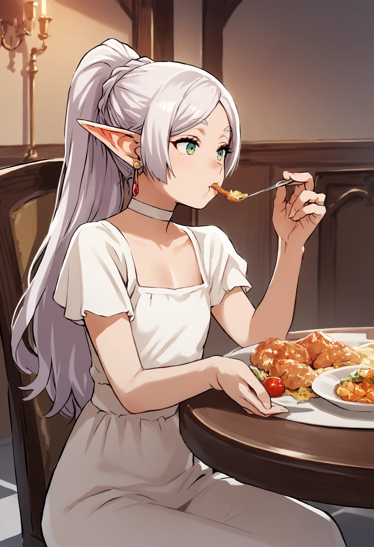 score_9, score_8_up, source_anime,
asanagi, <lora:sdxl_asanagi_v1:0.4>, <lora:Smooth Anime Style LoRA XL:0.6>, <lora:SuimitsutouKoubou-1024-Prodigy-32:0.35>, <lora:muk_pony_v1:0.25>, by muk \(monsieur\)
BREAK,
1girl,<lora:Frieren_PDXL_resized:0.9>, frierendress, elf,
white dress, jewelry, earrings, white choker,
indoors, table, eating