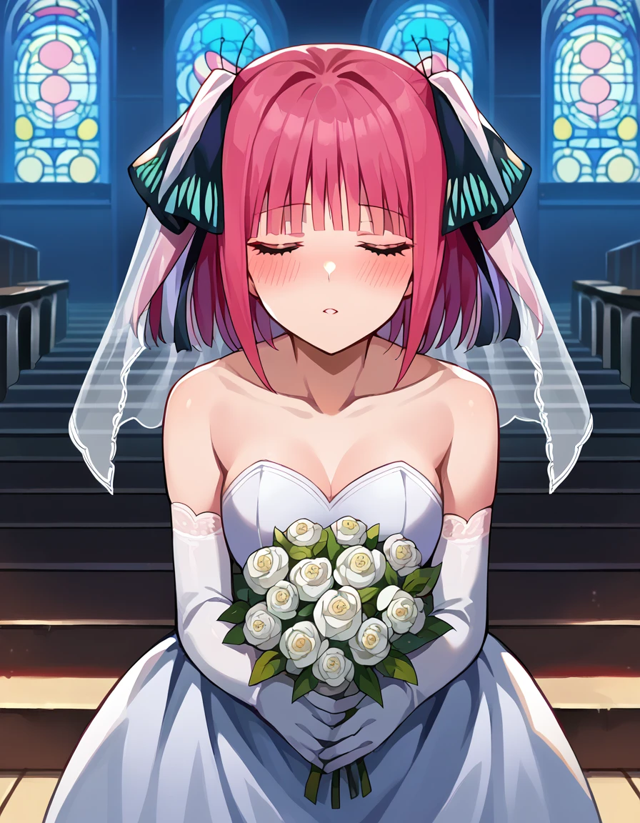 score_9, score_8_up, score_7_up, source_anime,
ninonakano, <lora:nino-nakano-pruned-ponyxl-lora-nochekaiser:1>,
nino nakano, short hair, bangs, hair ornament, hair ribbon, pink hair, blunt bangs, two side up, butterfly hair ornament, mature female,
dress, white dress, wedding dress, bare shoulders, collarbone, elbow gloves, white gloves, gloves, veil, wedding veil, bouquet, flowers,
indoors, church, straight-on, closed eyes, <lora:incoming-kiss-ponyxl-lora-nochekaiser:1>, incoming kiss, blush,
looking at viewer, cowboy shot,