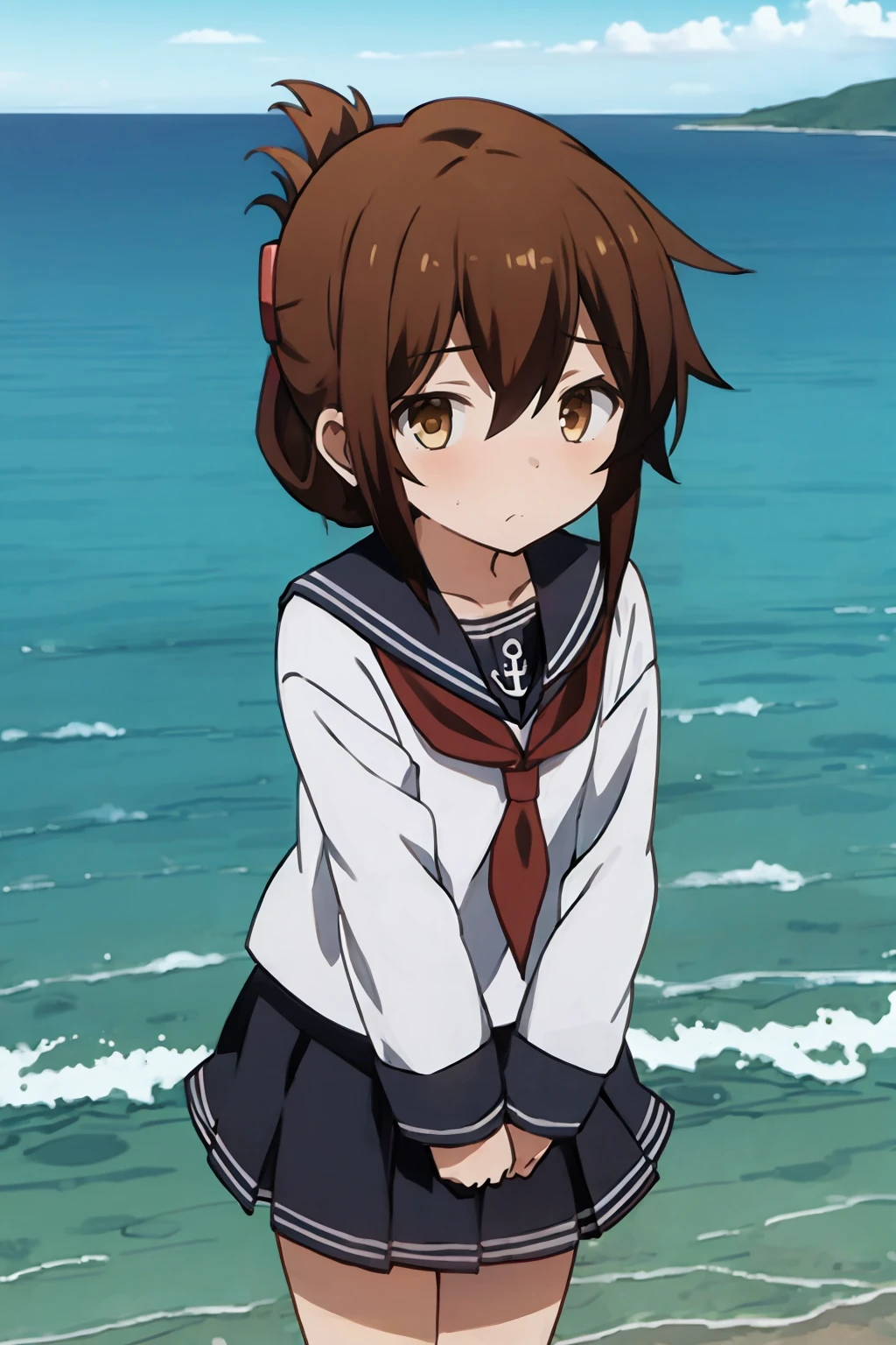 masterpiece, best quality,
1girl, inazuma \(kancolle\), brown hair, folded ponytail, long hair, brown eyes,
anchor symbol, black sailor collar, long sleeves, neckerchief, school uniform, serafuku, pleated skirt, black skirt,
full body, cowboy shot, solo, looking at viewer, blue sky, water, sea background <lora:Inazuma:1>