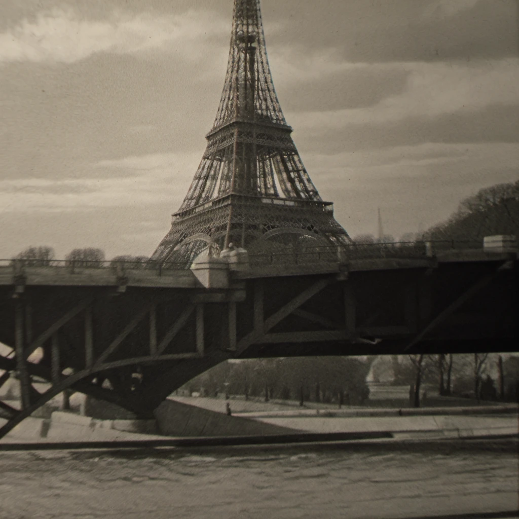 Create a black and white image capturing the essence of Paris, France, in 1947, with the Eiffel Tower as the central focus. The image should embody the nostalgic and romantic atmosphere of post-war Paris, accentuating the timeless elegance of the Eiffel Tower as it dominates the city's skyline. Include rich details of the surrounding architecture and cobblestone streets leading to the tower, to anchor the scene firmly in its historical context. Utilize light and shadow to mimic the vintage photography style prevalent in the mid-20th century, devoid of any modern elements. This composition should transport the viewer to 1947, immersing them in the history and charm of Paris during that enchanting era.