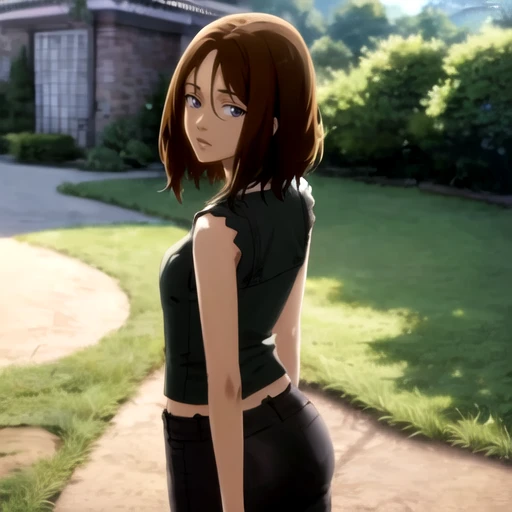 Highest Quality, Highest Resolution, perfect background, perfect perspective, sharp image, perfect details, perfect lighting, perfect shadows, Perfect lighting, Best background, best anime, 1girl, helena walker, ass, from behind, looking back at viewer,